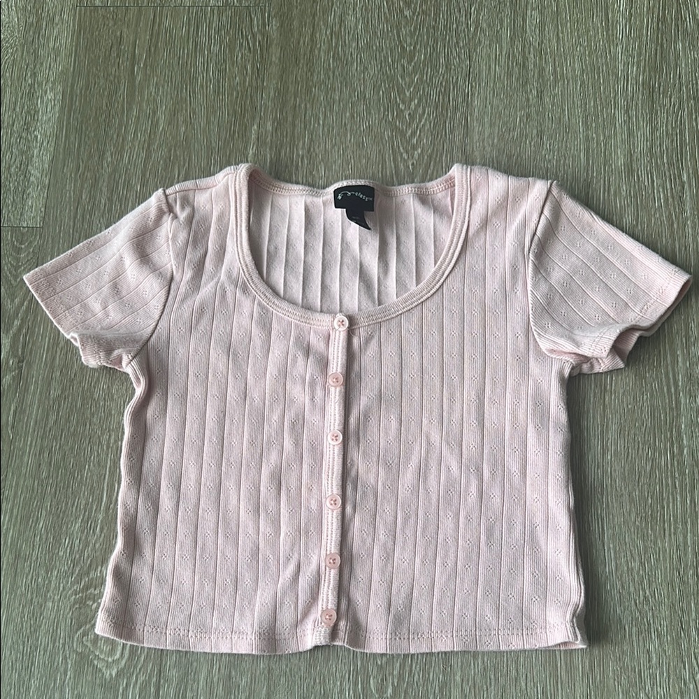 Girls Pink Ribbed Crop Button Down Shirt